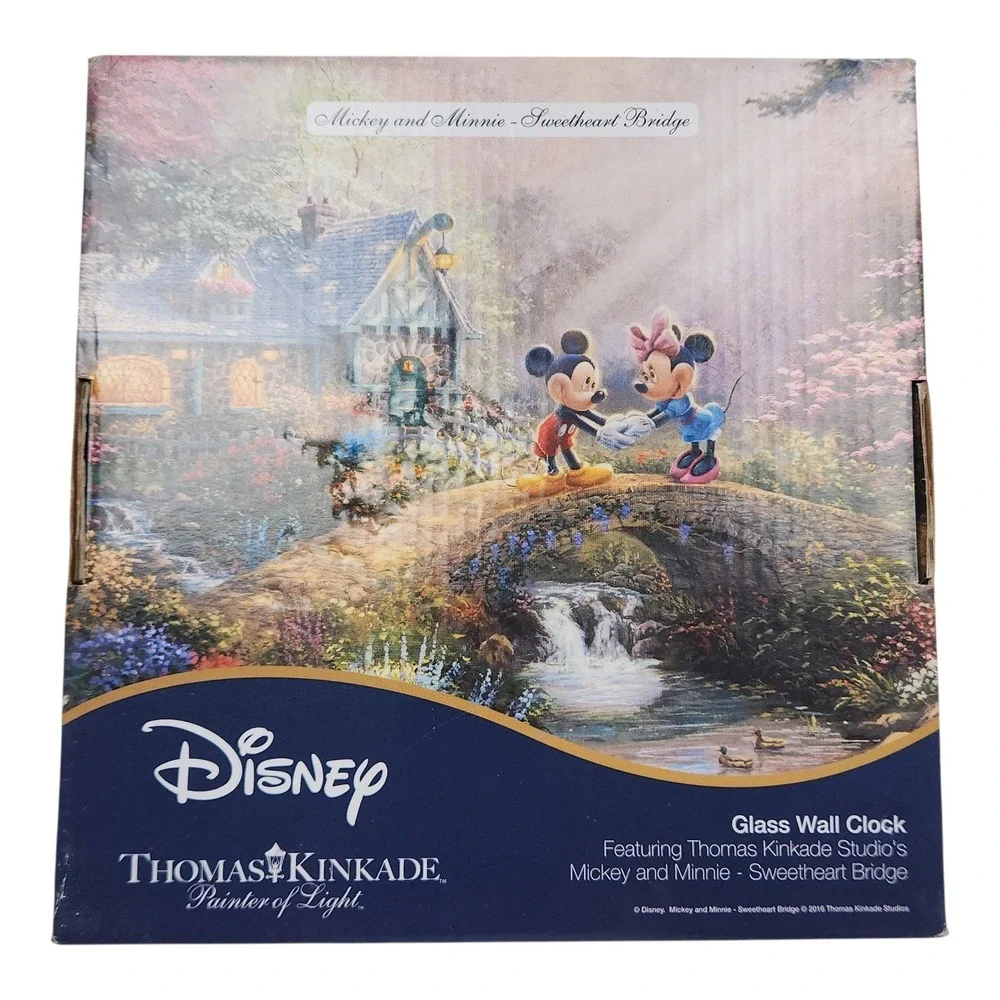 NEW Disney Sweetheart‎ Bridge Glass Wall Clock Thomas Kinkade Mickey Minnie